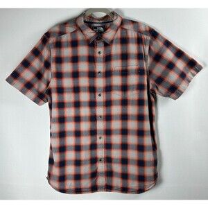 The North Face Plaid Camp Shirt Men's M Orange Blue Short Sleeve Hiking Outdoor